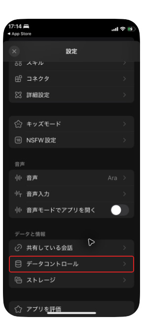 設定の「データと情報」区分。共有している会話、データコントロール、ストレージ